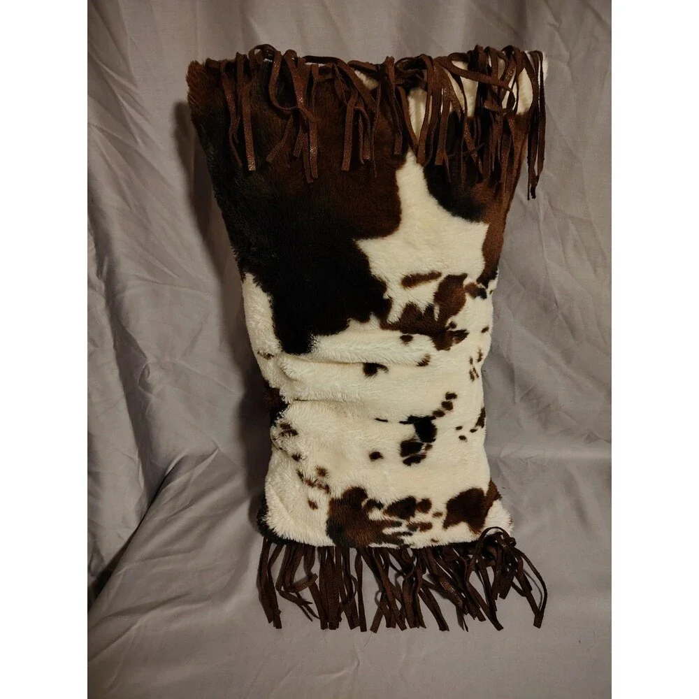 Rustic Tricolor Faux Fur Cowhide Throw Blanket AND PILLOW – Brown/White/Black